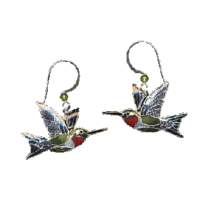 Ruby Throated Hummingbird Silver and Enamel Earrings With Wire 